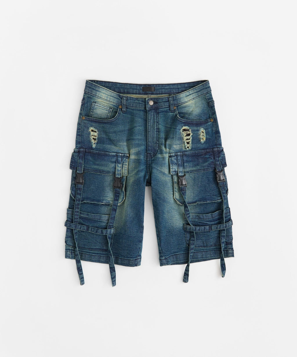 Buckle Strap Denim Shorts - Dark Blue