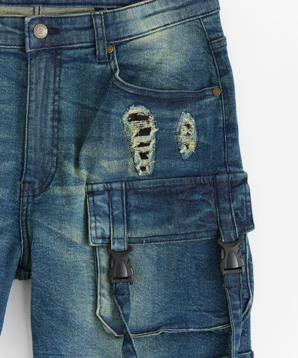 Buckle Strap Denim Shorts - Dark Blue